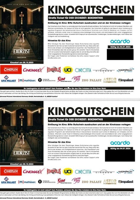2 Kinogutscheine Kinokarten Für Den Film Der Exorzist Bekenntnis In Elberfeld Elberfeld West