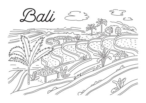 Rice Terraces In Bali Indonesian Nature Vector Linear Illustration