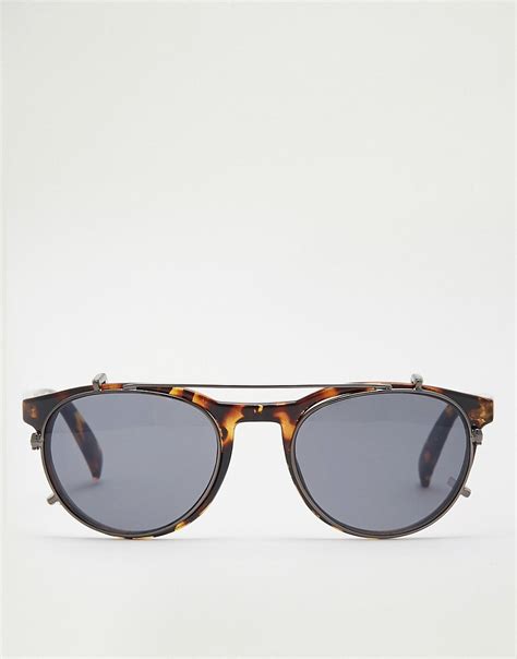Asos Asos Sunglasses With Metal Brow Bar And Clip On Detail In Tortoiseshell At Asos
