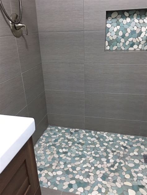 Sliced Sea Green And White Pebble Tile Shower Floor With Accent Tilehub