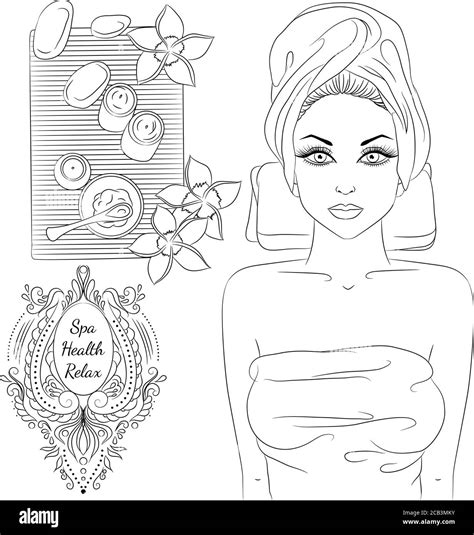 Vector Illustration With A Portrait Of A Beautiful Girl At A Spa Treatment Line Art Isolated On