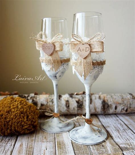 Rustic Wedding Champagne Flutes Toasting Glasses Bride And Etsy
