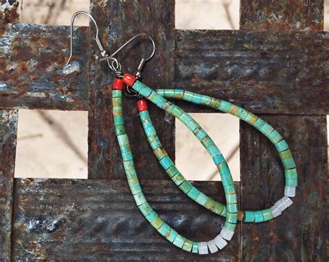 Vintage Turquoise Hoop Earrings Large With White Shell Coral Native