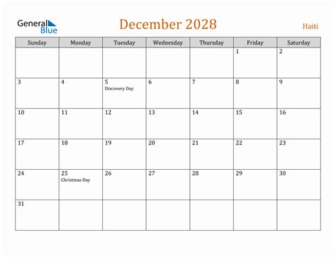 Free December 2028 Haiti Calendar