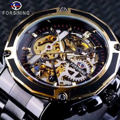 Forsining Steampunk Style Mens Skeleton Watches Black Automatic Mens