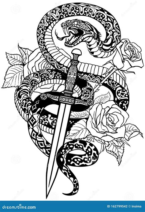 Snake And Dagger Serpent Wraps Around A Sword Vector Vintage Tattoo