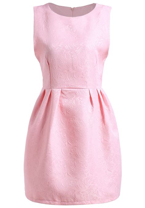 Pink Round Neck Sleeveless Jacquard Dress Sheinsheinside