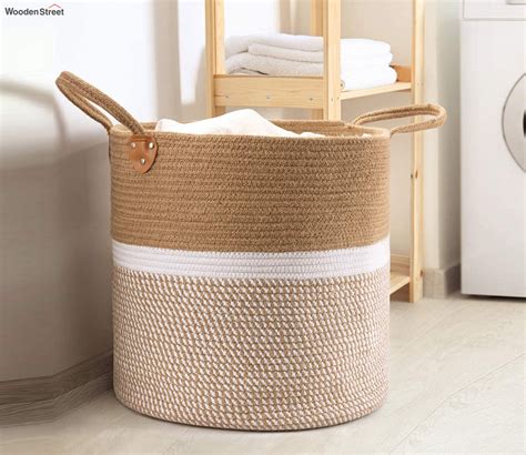 Buy Hand Crafted Jute And Cotton Laundry Basket White Online In India