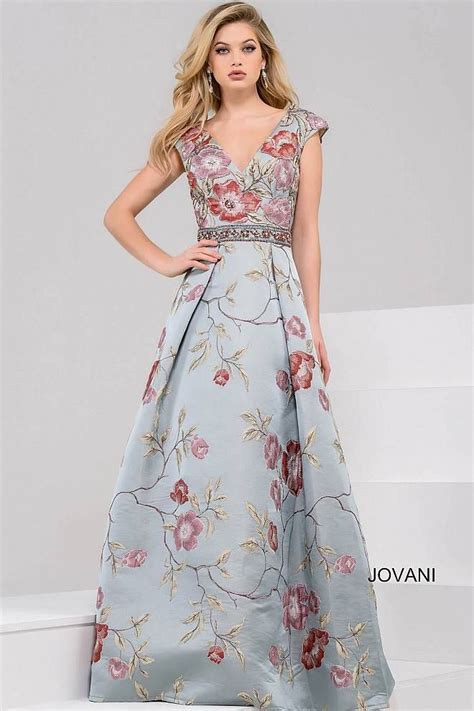 Jovani Dress 48396 Multi Color Long A Line Floral Embroidered Cap