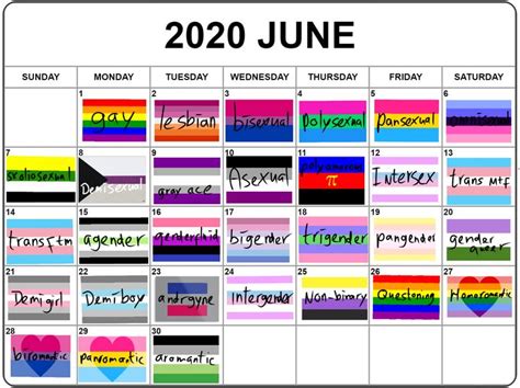 PRIDE MONTH CALENDAR 2020 in 2020 | Pride month calendar, Pride flags
