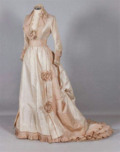 1870 America Wedding Dress Silk Brocade Organza Taffeta