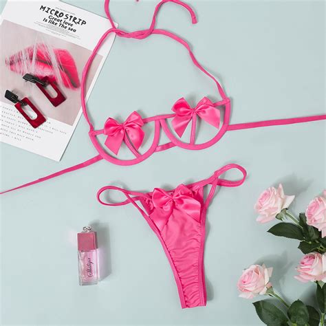 Sexy Red Bow Strap Halter Lenceria Thong Bikini Set Erotic Adult Women