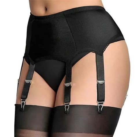 6 Strap Wide Vintage Suspender Belt For Woman Plus Size Black Lace Panel Garter Belt Stockings