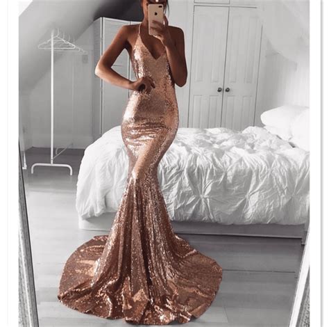 Long Rose Gold Sequins Prom Dresses Mermaid V Neck Evening Gowns On