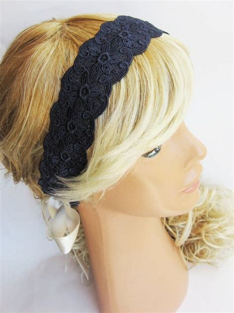 Navy Blue Ivory Lace Headband Vintage Style Romantic