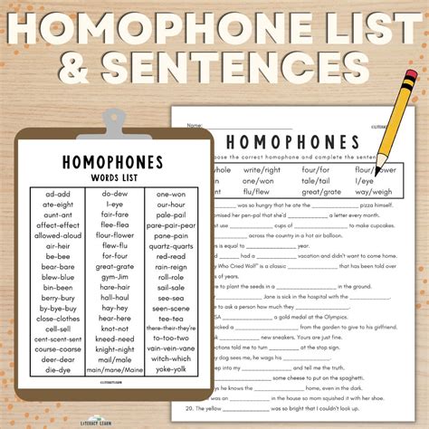Common Homophone List And Sentences Literacy Learn