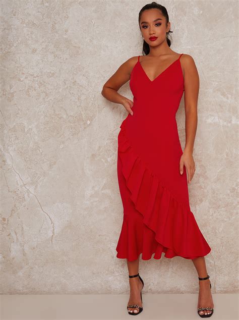 Petite Bodycon Party Dress With Ruffle Design In Red Chichiclothing