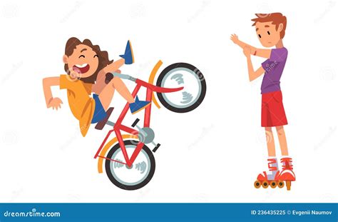 Boy And Girl Falling Off Bike And Having Elbow Injury Riding Roller