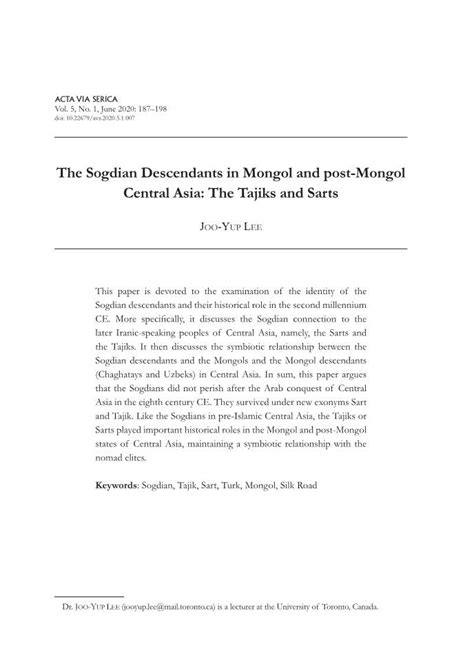 The Sogdian Descendants In Mongol And Post Mongol Central Asia The