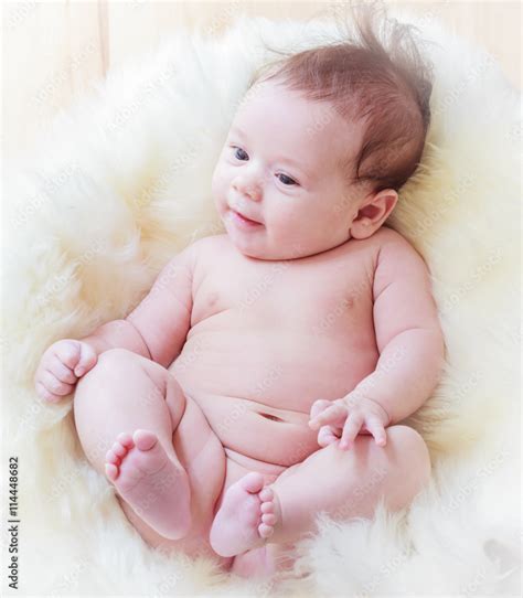 Happy Naked Baby Cute Naked Baby Lying In The Basket Stock Photo