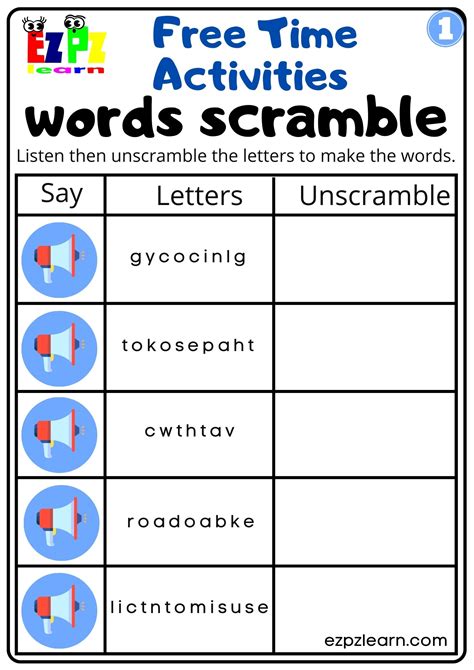 Free Time Activities Interactive Worksheet Listen, Unscramble and Write