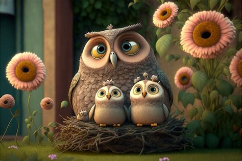 Premium Ai Image An Illustration Of A Mother Owl With Her Two Baby Owls