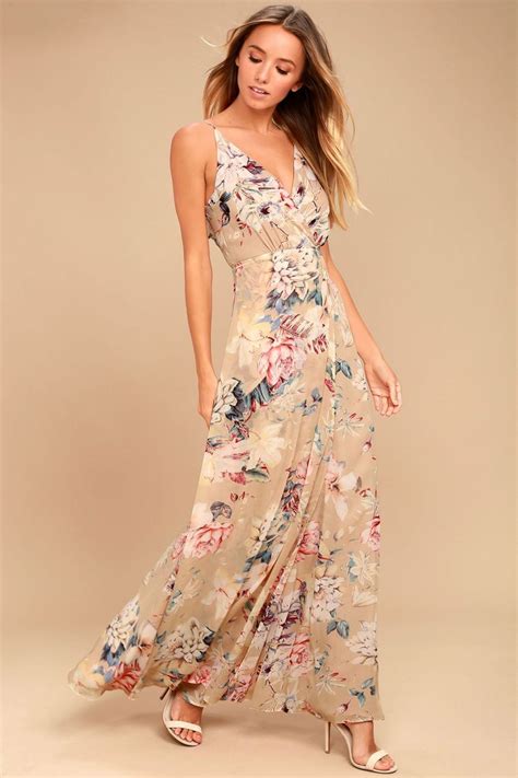 Khaki Chiffon Floral Halter Dresses Maxi Dress Floral Print Maxi