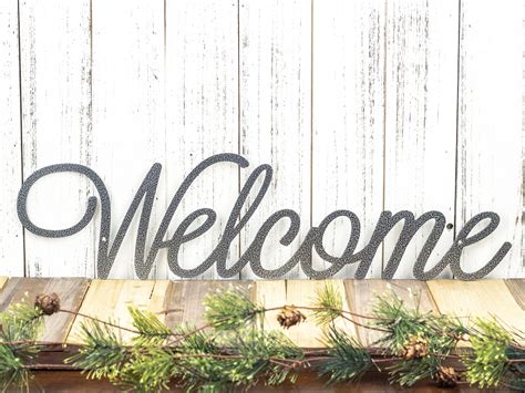 Welcome Script Metal Sign - Silver, 22x5.5, Word Art, Wall ...