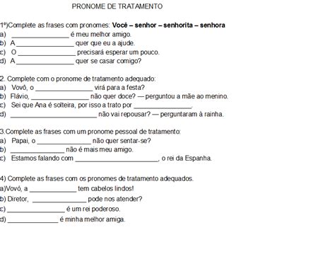 Atividade Sobre Pronomes De Tratamento