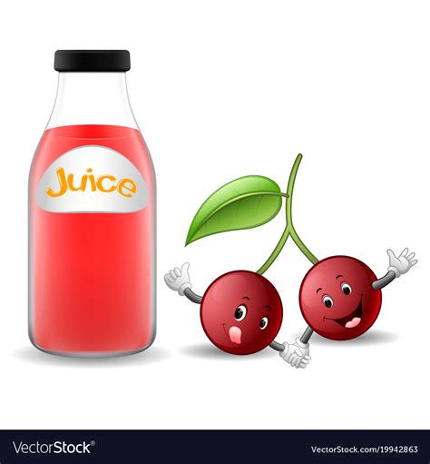 Bottle Of Cherry Juice With Cute Cherry Cartoon Vector Image