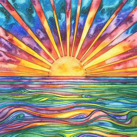A Painting Of The Sun Rising Over Water With Colorful Clouds And Waves