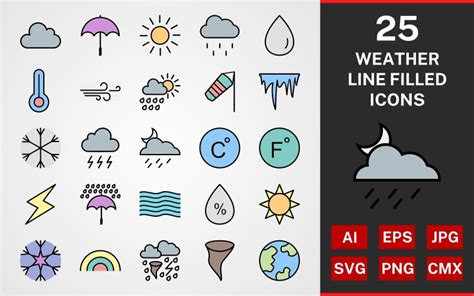 25 Weather Line Filled Pack Icon Set Templatemonster