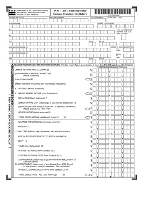 Form D 30 Unincorporated Business Franchise Tax Return 2001