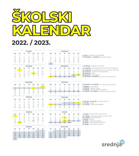 Školski Kalendar S Praznicima Za 20222023 školsku Godinu