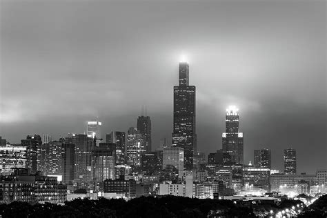 Chicago City Skyline Architecture With Cloudy Skies Black And White