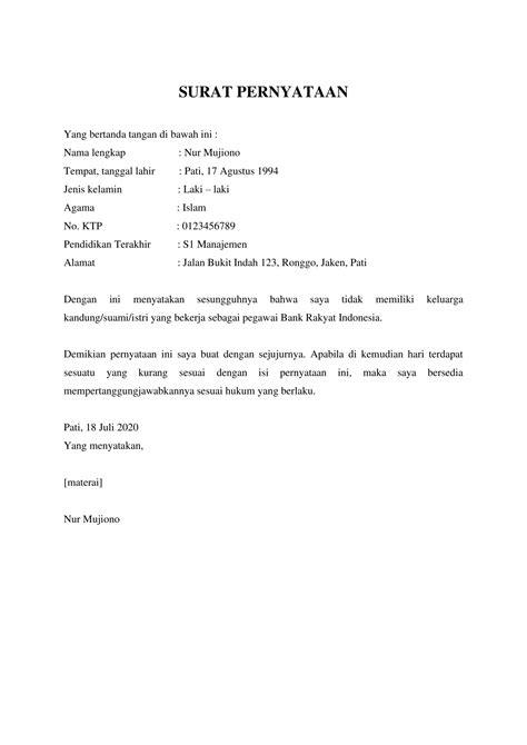 Apr 10, 2021 · dengan hormat, berdasarkan informasi yang saya peroleh dari situs resmi bank rakyat indonesia, bahwa bank rakyat indonesia sedang membutuhkan tenaga kerja untuk menempati posisi front liner. Contoh Surat Pernyataan Tidak Memiliki Hubungan Keluarga ...
