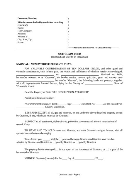 Quitclaim Deed From Husband And Wife To An Individual Wisconsin Form