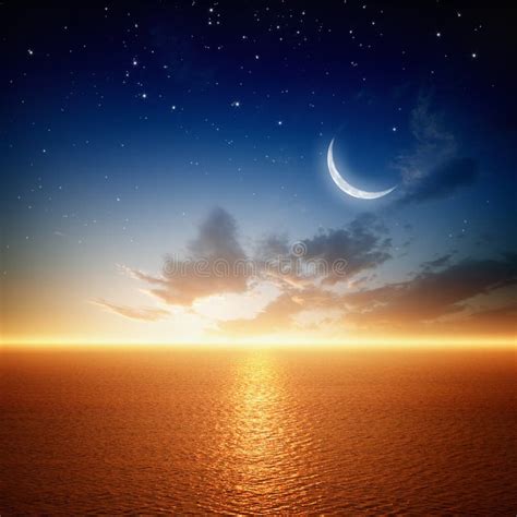 Beau Coucher Du Soleil Avec La Lune Illustration Stock Illustration