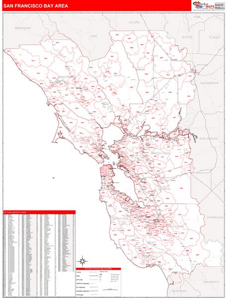Bay Area California Zip Code Wall Map Red Line Style By Marketmaps