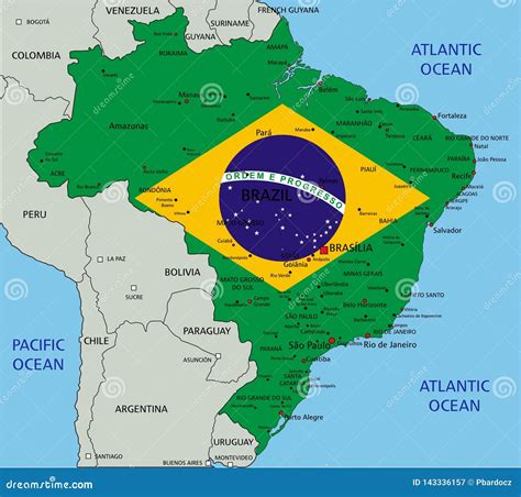 Il Brasile Altamente Ha Dettagliato La Mappa Politica Con La Bandiera