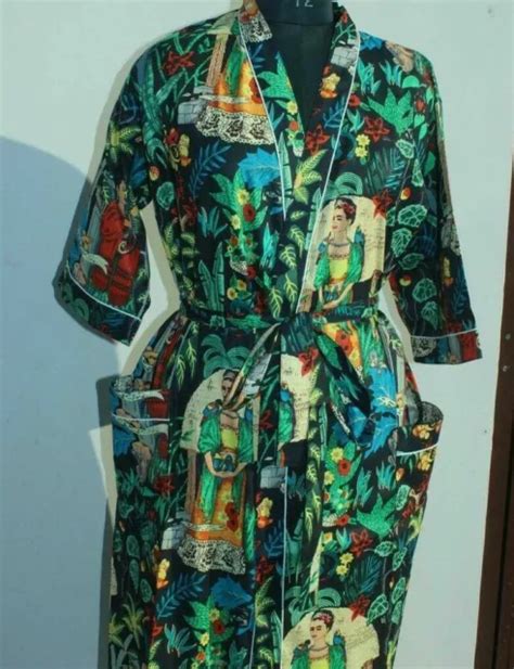 Indian Multi Frida Kahlo Print Cotton Hippie Maxi Women Nightwear Kimono Dress 1954 Picclick