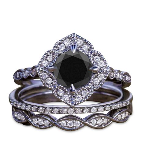 Jeenmata 2 Carat Round Gothic Black Diamond 3pcs Ring Set Dark
