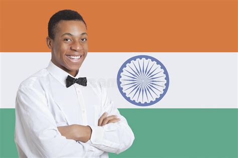 Portrait Of Mixed Race Man Against Indian Flag Stock Photo Image Of