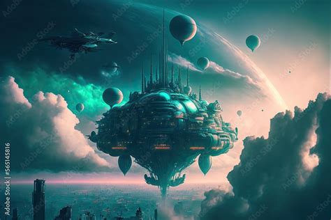 Sci Fi Floating City In The Sky Architecture Blend Of Art Deco And