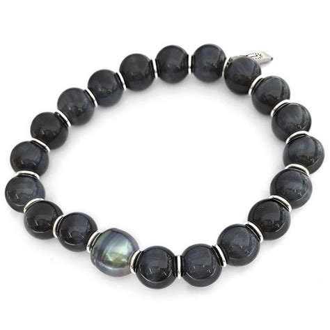 Silver And Tahitian Pearl Tigers Eye Mens Bracelet Mens Bracelets