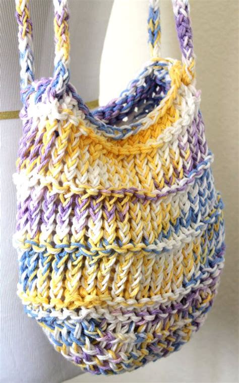 Knit a simple tote bag for keeping your knitting goods together or for a light grocery or library book bag. Loom Knit Bag Cotton Mesh Pastel Tote