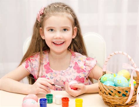 Smiling Little Girl Painting Colorful Easter Eggs Stock Image Image