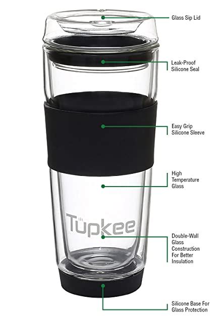 tupkee double wall glass tumbler all glass reusable insulated tea coffee mug and lid hand blown