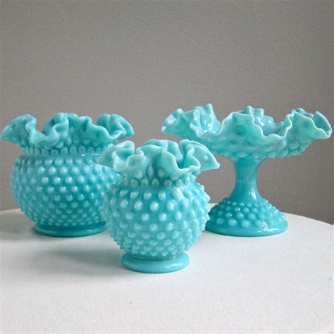 Vintage Turquoise Blue Hobnail Milk Glass Vase By Fenton Large Round