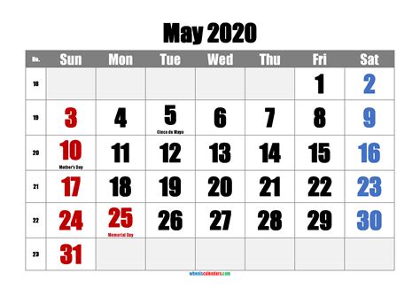 Free Printable May 2020 Calendar With Holidays 6 Templates Free